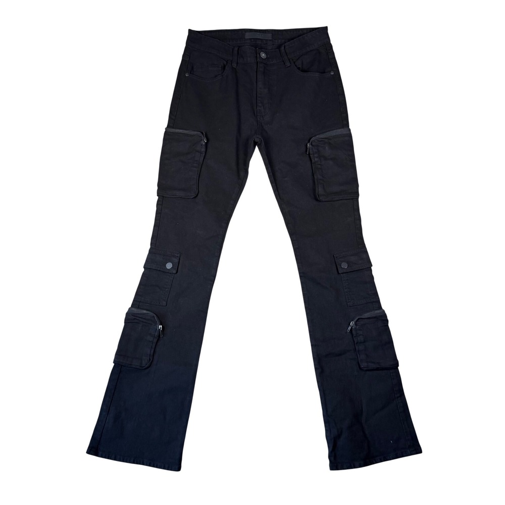 KDNK Mens Black Multi Pocket Cargo Slim Flare Stretch Denim Jeans Size 32